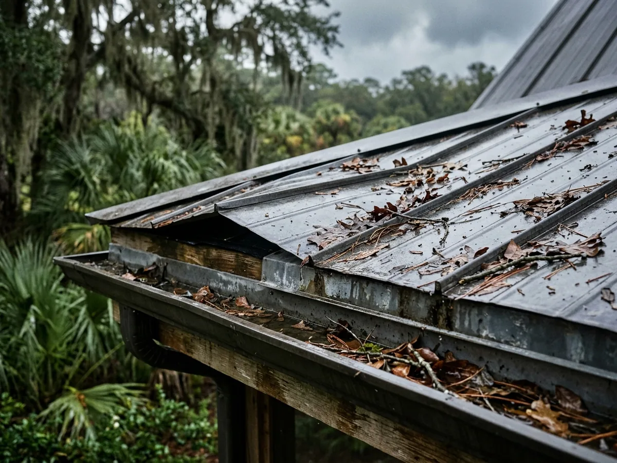 Metal roof eave after a storm with scattered leaves and a slightly raised panel edge