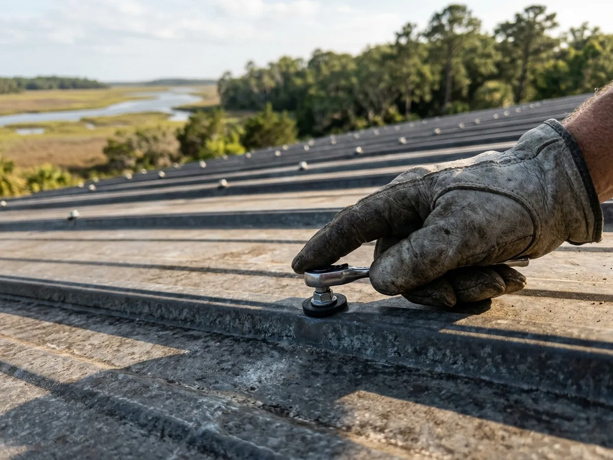 Gloved hand checking a screw and rubber washer on a ribbed metal roof panel in late spring light