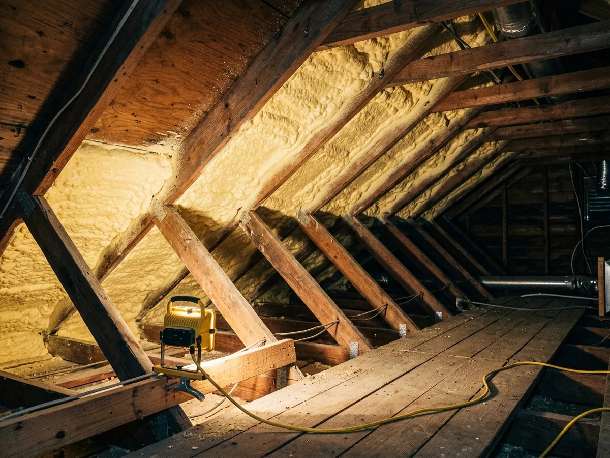 Attic with closed-cell spray foam applied directly to the underside of the roof deck between rafters