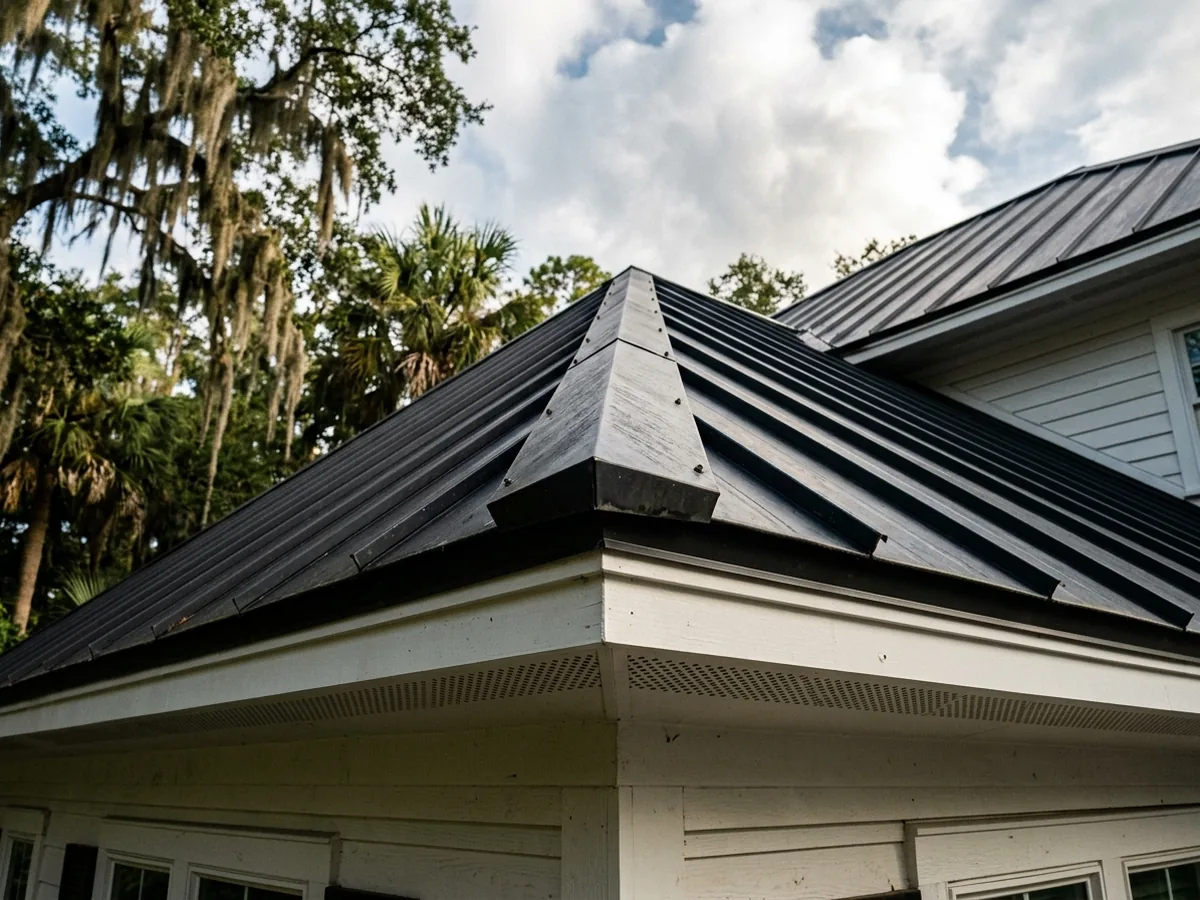 Metal ridge vent running along the peak of a standing seam roof with perforated soffit vents under the eaves