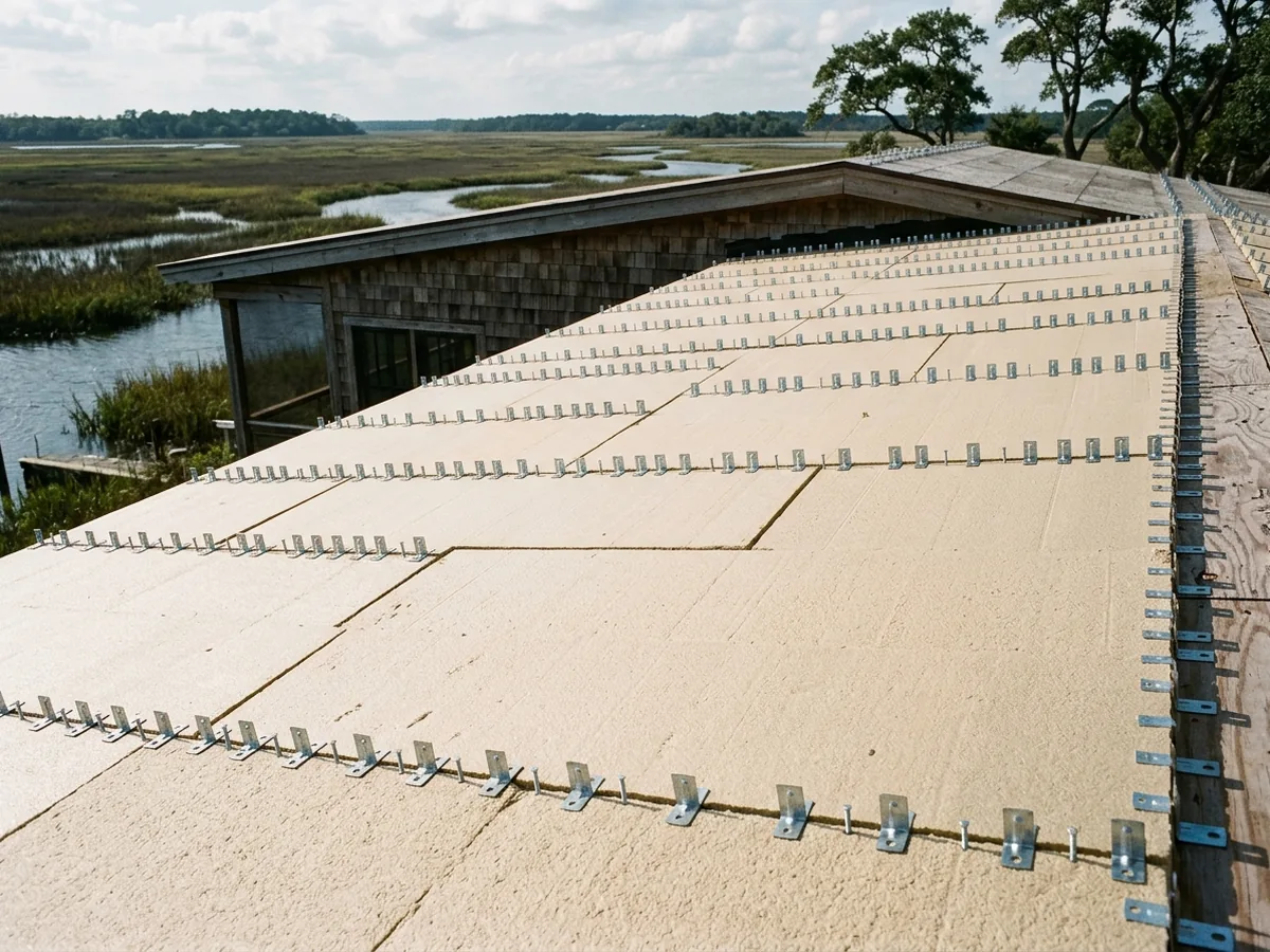 Rigid foam insulation boards laid over a roof deck with metal clips set for new standing seam panels