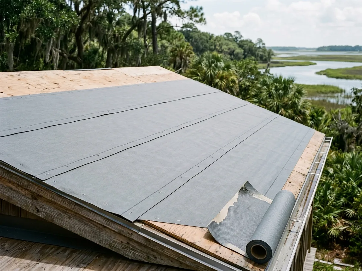 Grey self-adhered underlayment membrane covering a roof deck before metal panels go on