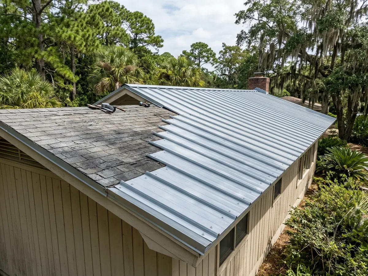 Ribbed galvalume panels screwed down over old shingles on a small ranch house roof