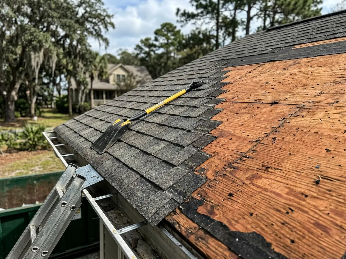 Old asphalt shingles being stripped off a roof to expose the plywood deck before metal roofing