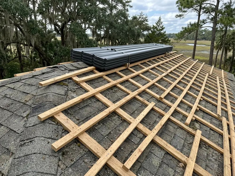 Grid of wooden battens fastened over an old shingle roof ready for new metal panels