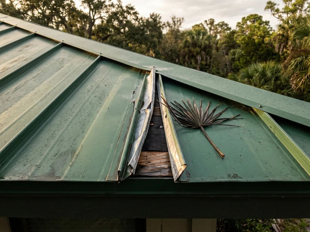 Close view of a lifted standing seam on a painted green metal roof, with the seam edge slightly opened near the eave