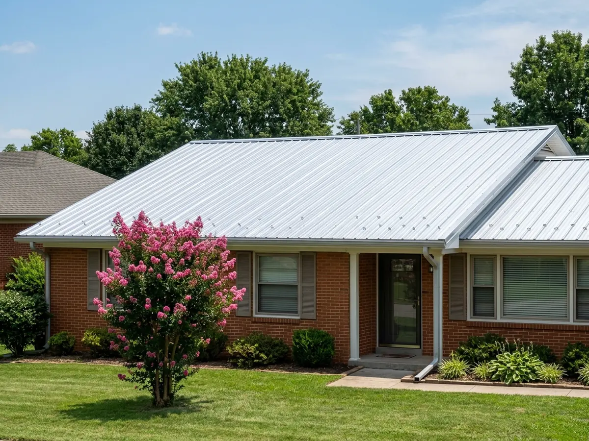Single-storey brick ranch house with a newly installed silver 5V crimp metal roof under a clear sky
