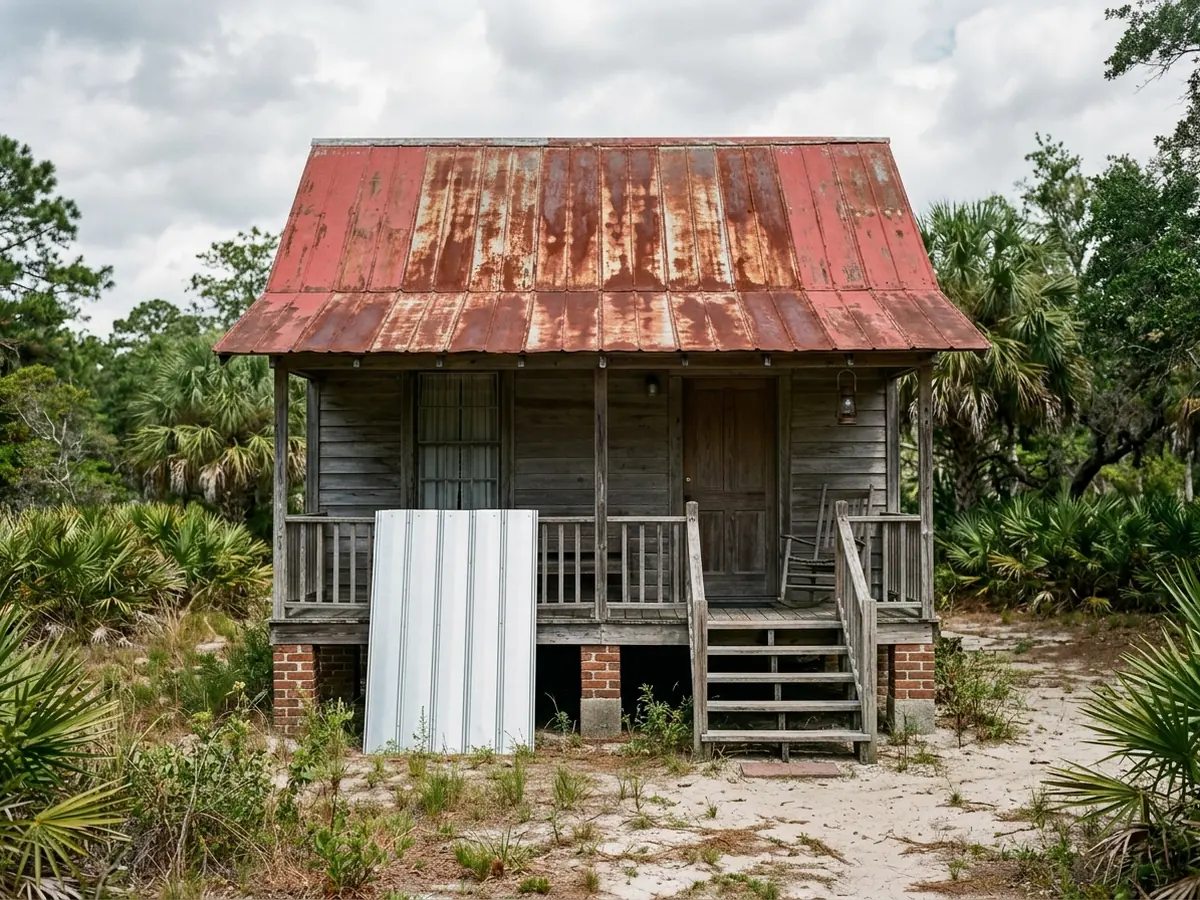 Raised wooden cottage with a rust-streaked 5V metal roof and new silver panels leaning against the porch