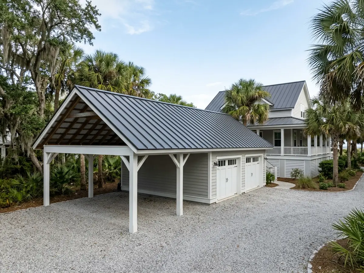 Detached garage and attached open carport under a charcoal standing seam roof that matches the main house
