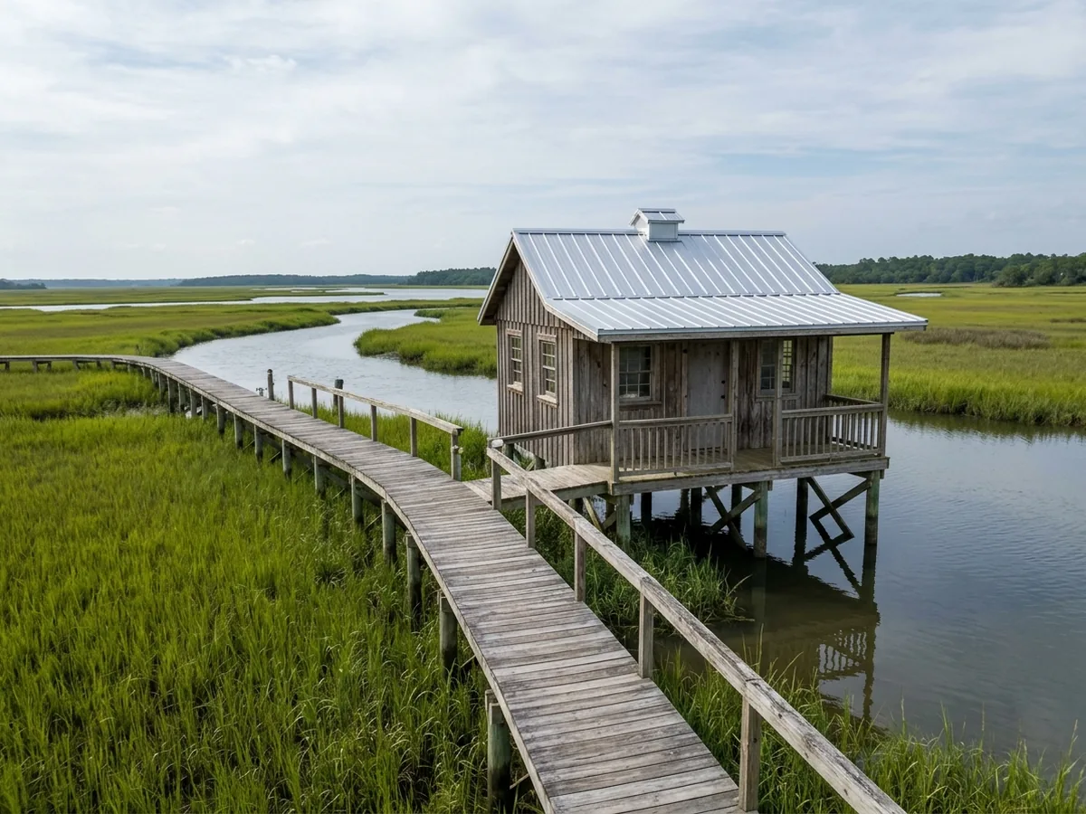 Weathered dock house at the end of a wooden walkway over marsh grass, with a new silver aluminum ribbed roof