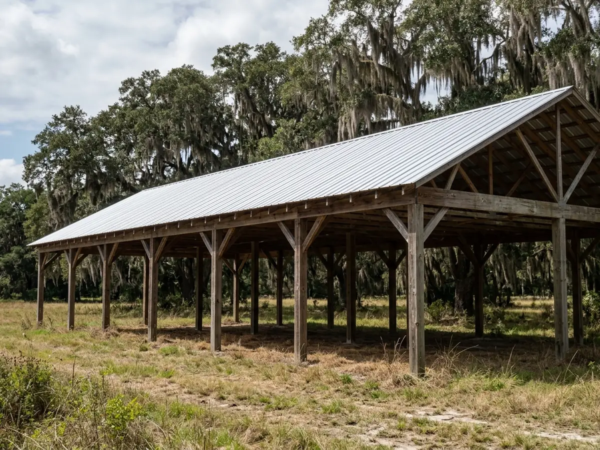 Open-sided pole barn with a long galvalume ribbed metal roof on timber posts, beside a field edged with live oaks