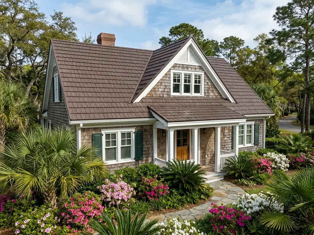 Lowcountry cottage with a brown steel shingle roof formed with deep grooves to look like hand-split cedar shakes