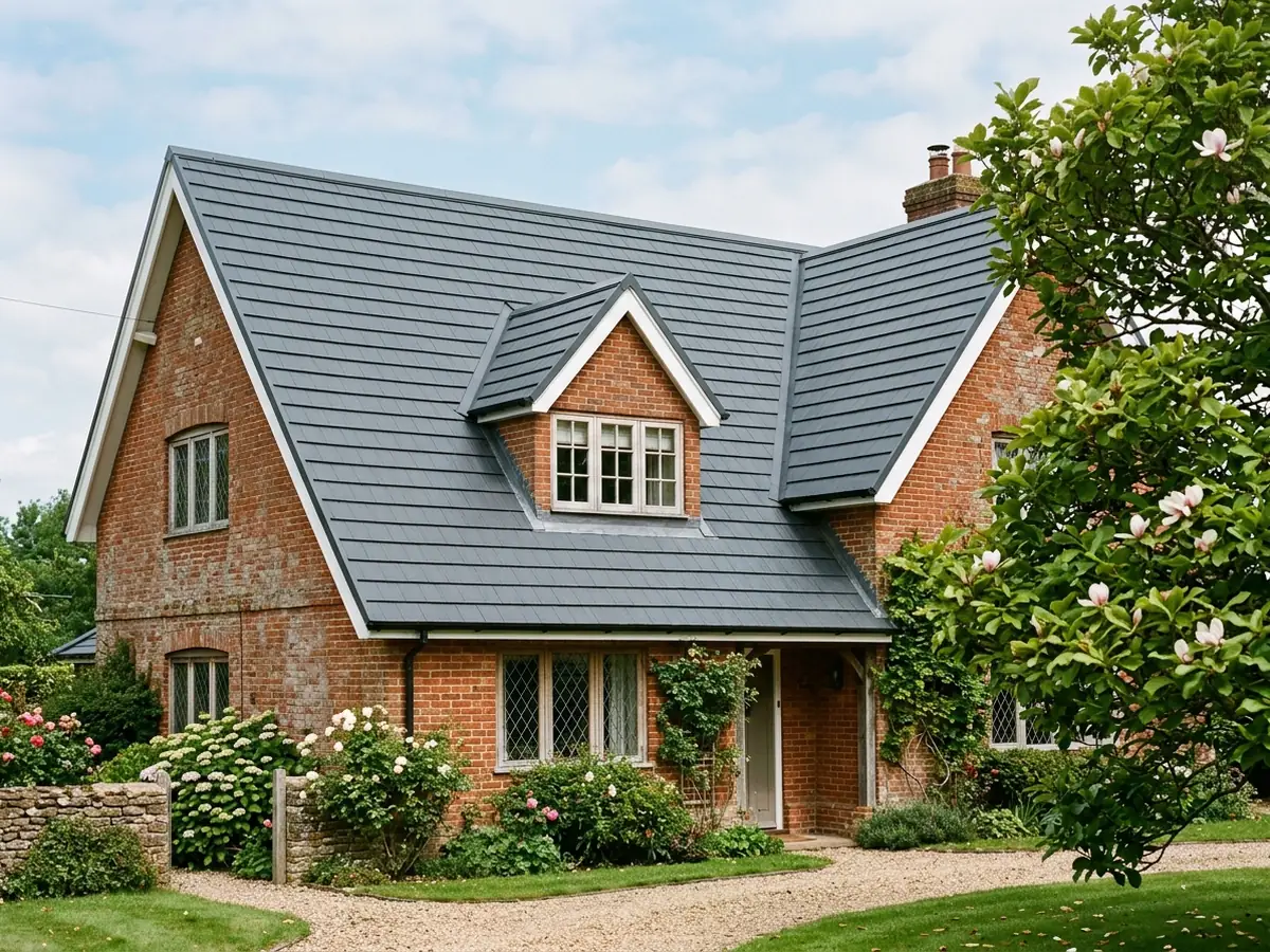 Two-storey brick house with a charcoal steel roof pressed to look like slate tiles, clean ridge and dormer