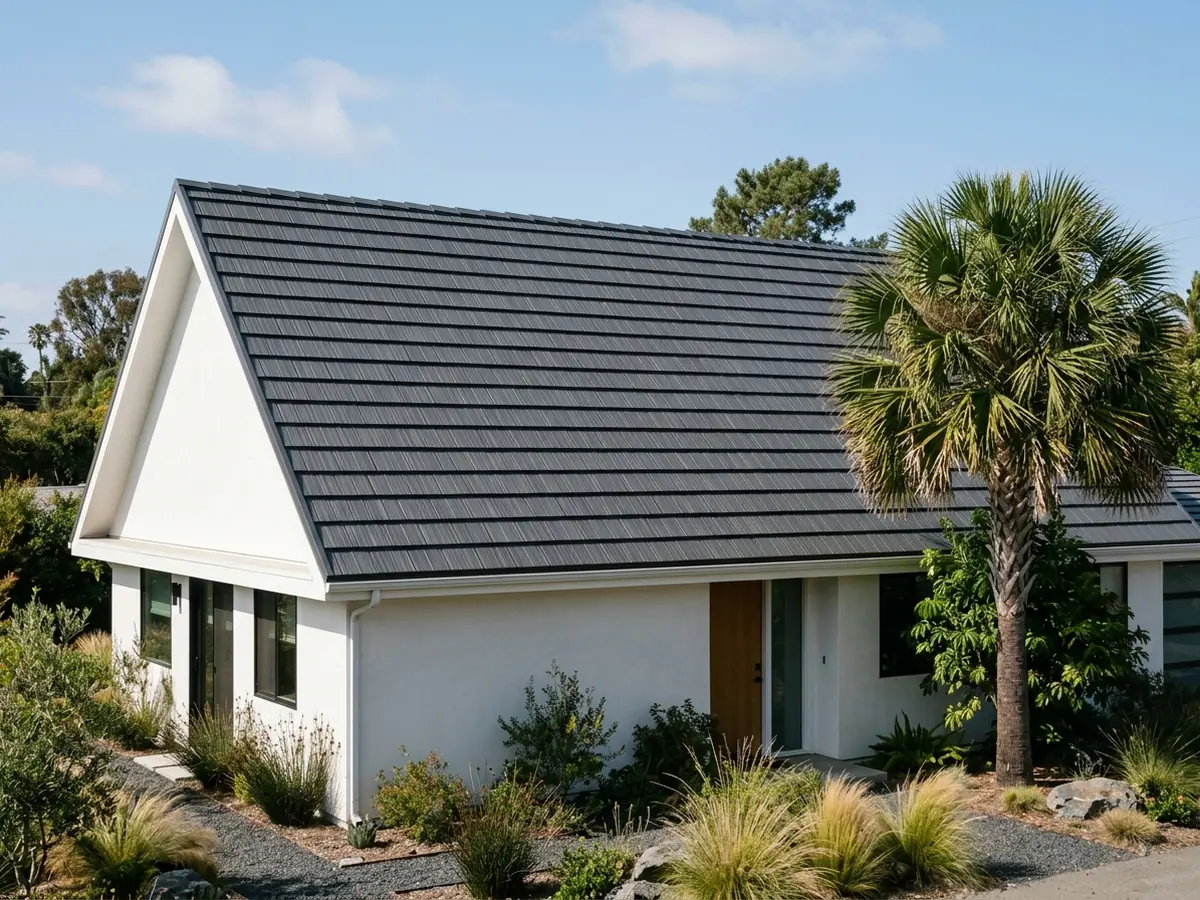 Modern house with a flat-profile stamped metal tile roof in dark grey, small tiles laid in neat staggered rows