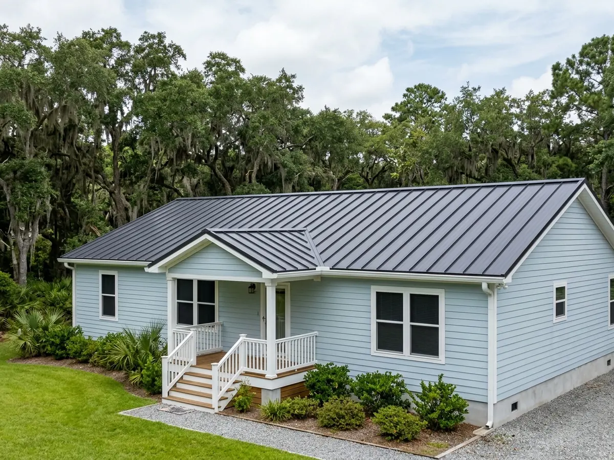 Double-wide manufactured home with a low gable roof in new charcoal standing seam metal and a covered front porch