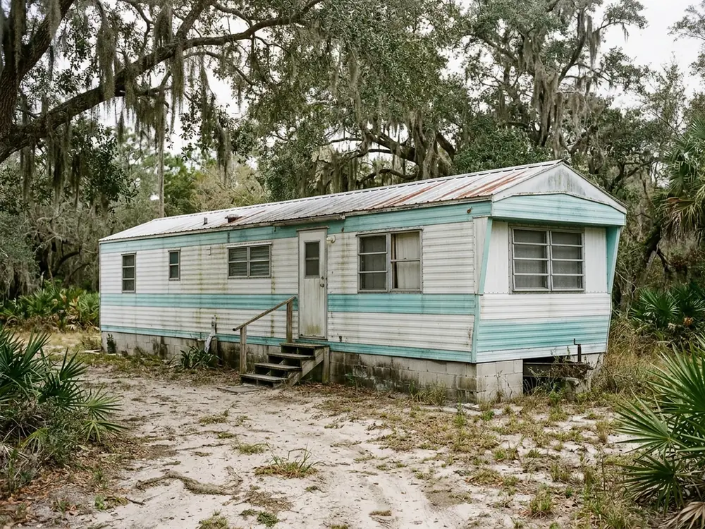 Older single-wide mobile home on a block foundation with a rust-streaked silver metal roof, under live oaks with Spanish moss