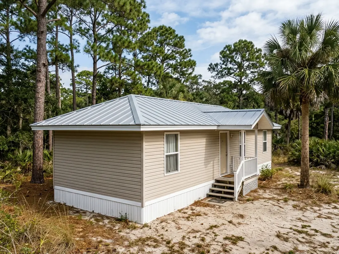 Single-wide manufactured home with a new light grey ribbed metal roof-over reaching just past the walls, among pines