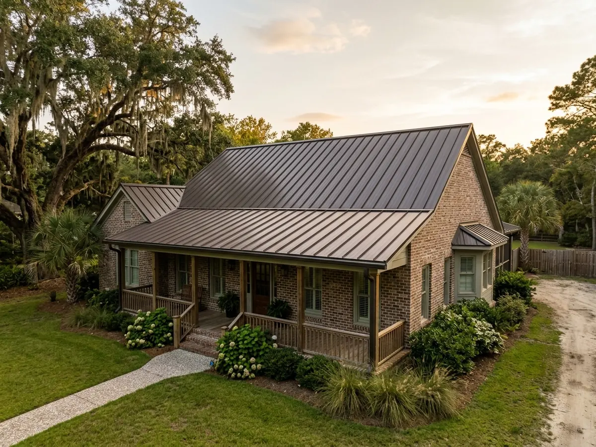 Single-storey brick home with a new dark bronze standing seam metal roof and clean drip edge
