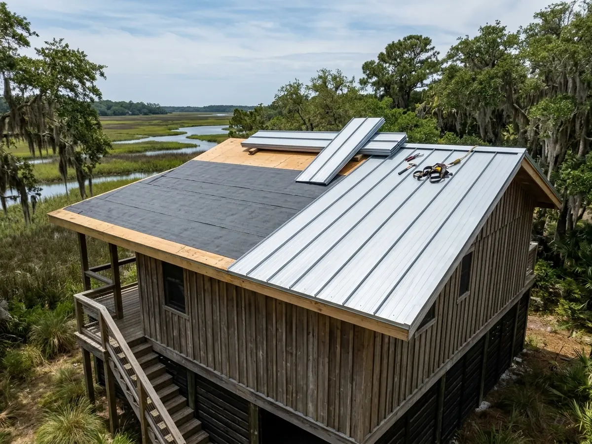 Raised coastal cottage with a light grey metal roof being finished over new underlayment