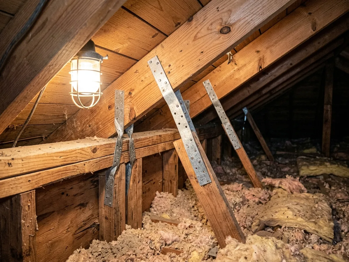 Attic view of metal hurricane straps tying roof rafters to the top plate of a wall
