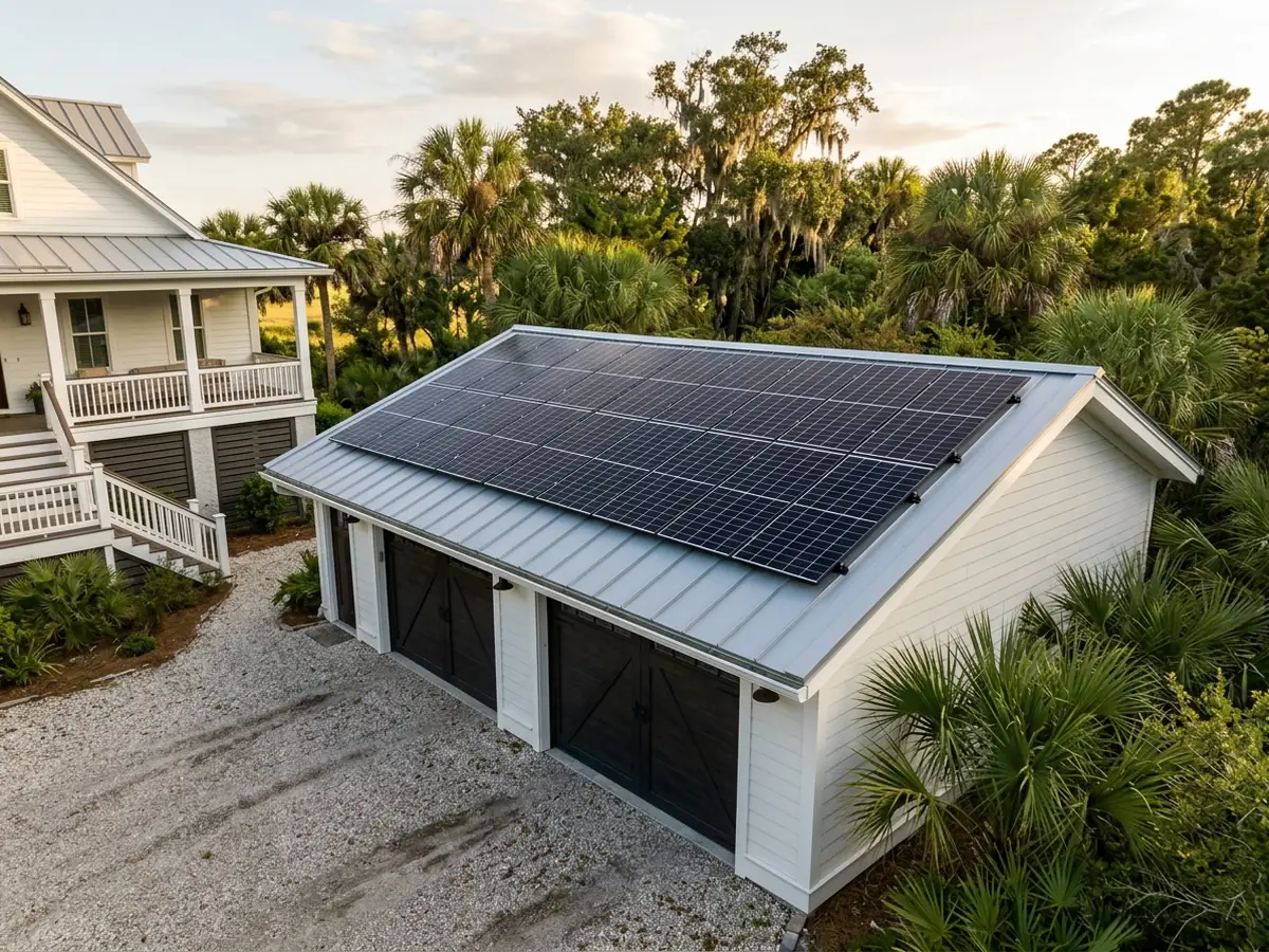 Detached garage with a low-slope standing seam metal roof fully covered in solar panels, next to a house among palmettos