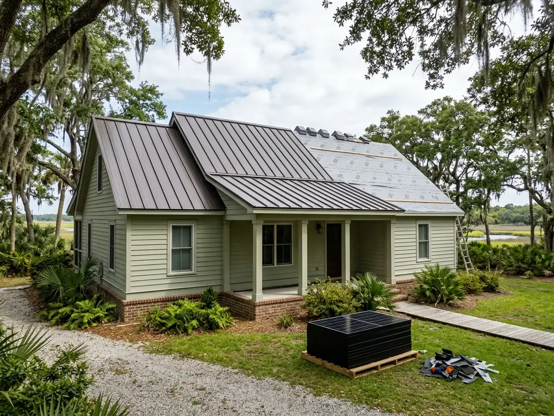 House mid re-roof with new dark standing seam panels on one slope and a stack of solar modules waiting on the lawn below