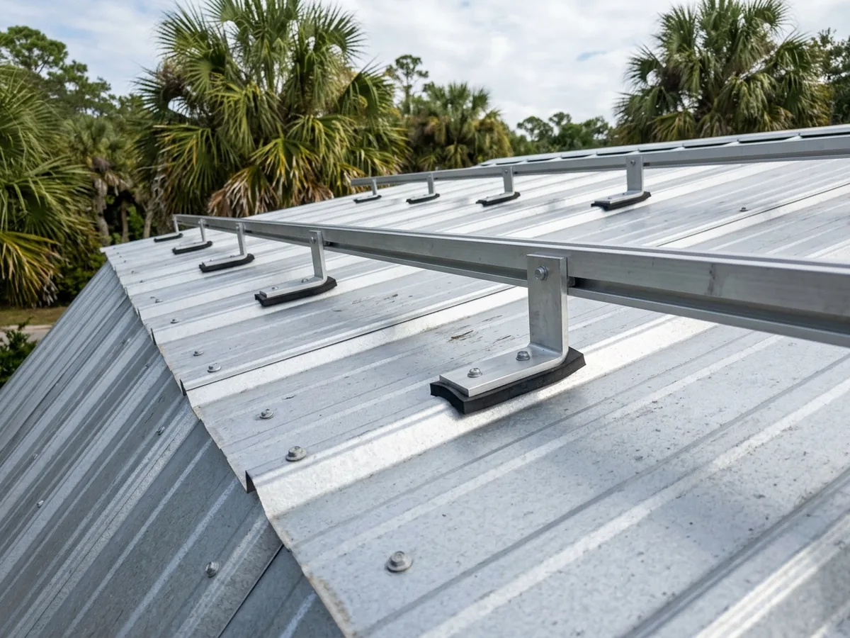 Solar mounting brackets with sealing pads screwed through the rib tops of a corrugated metal roof, rails across them