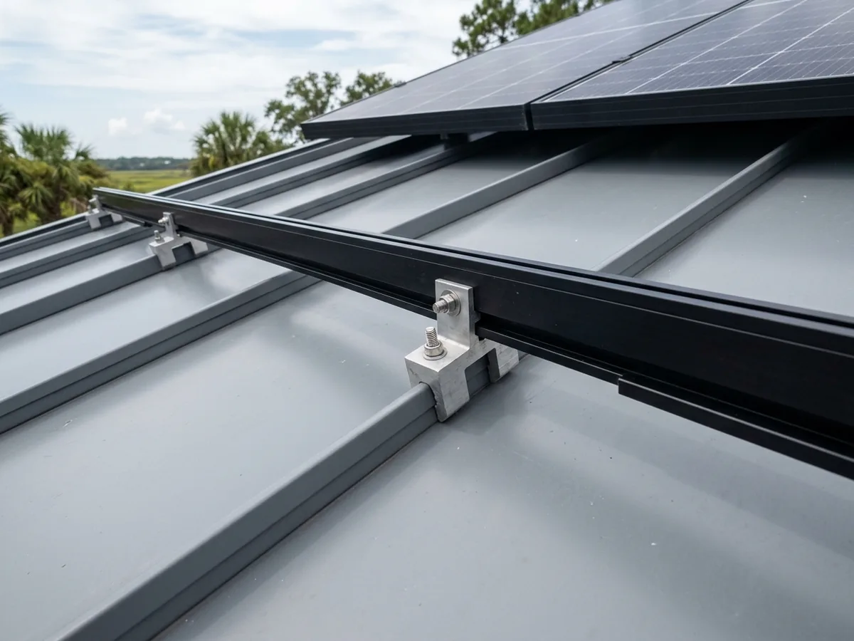 Aluminum seam clamps gripping the raised seams of a grey standing seam roof, with solar racking rails bolted on top