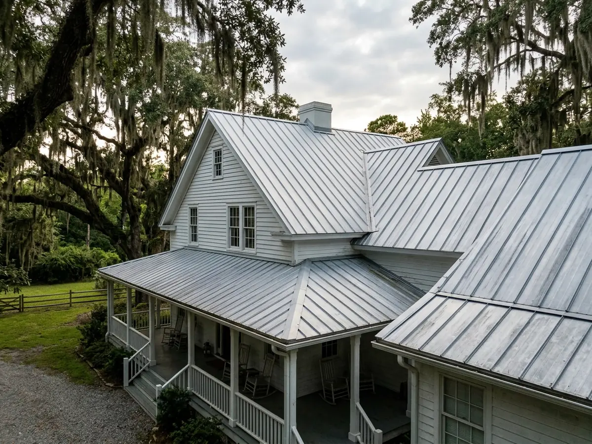 Unpainted silver Galvalume standing seam roof on a white farmhouse with a deep porch under live oaks