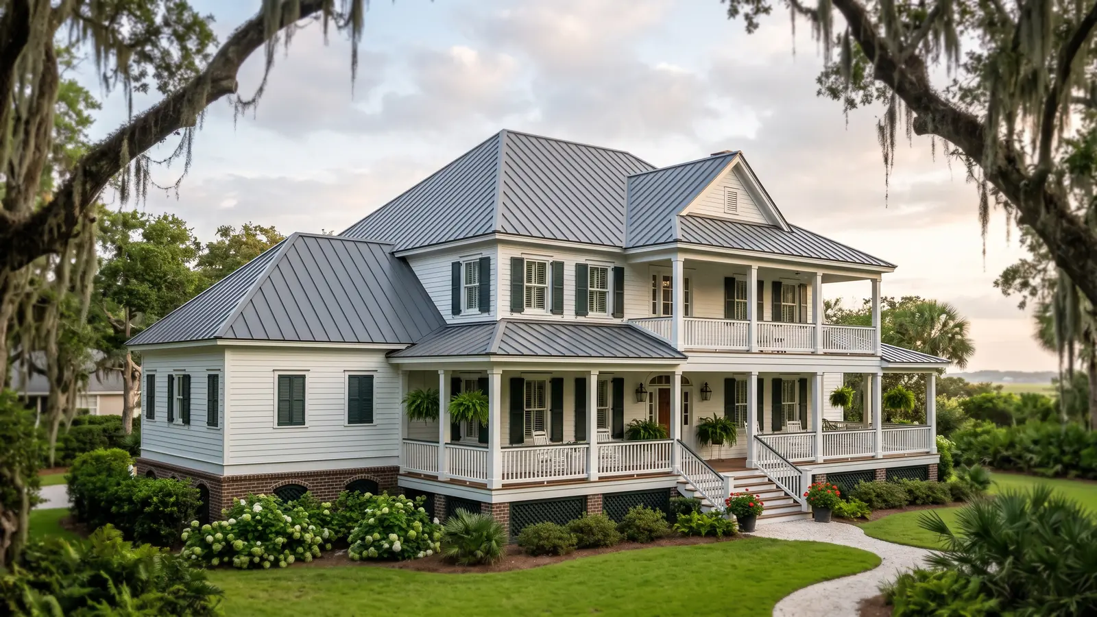 White Lowcountry house with stacked front porches and a dark grey standing seam metal roof under live oaks