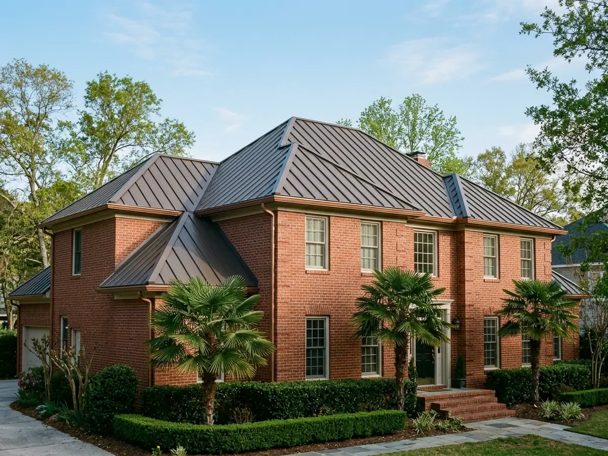 Dark bronze painted standing seam metal roof on a two-storey brick house with a hipped roof