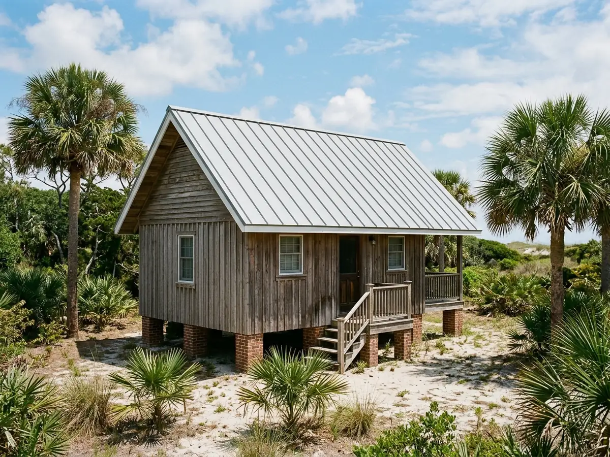 Light grey snap-lock standing seam panels on the gable roof of a small raised cottage among palmettos
