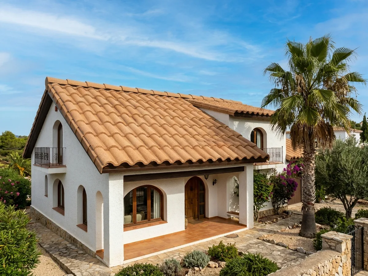 Mediterranean-style house with a stone coated steel roof in a rounded Spanish S-tile barrel shape, warm sandy color