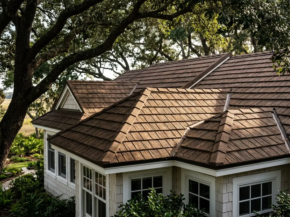 Cottage with a brown stone coated steel roof textured to look like rough wood shakes, with a granule finish