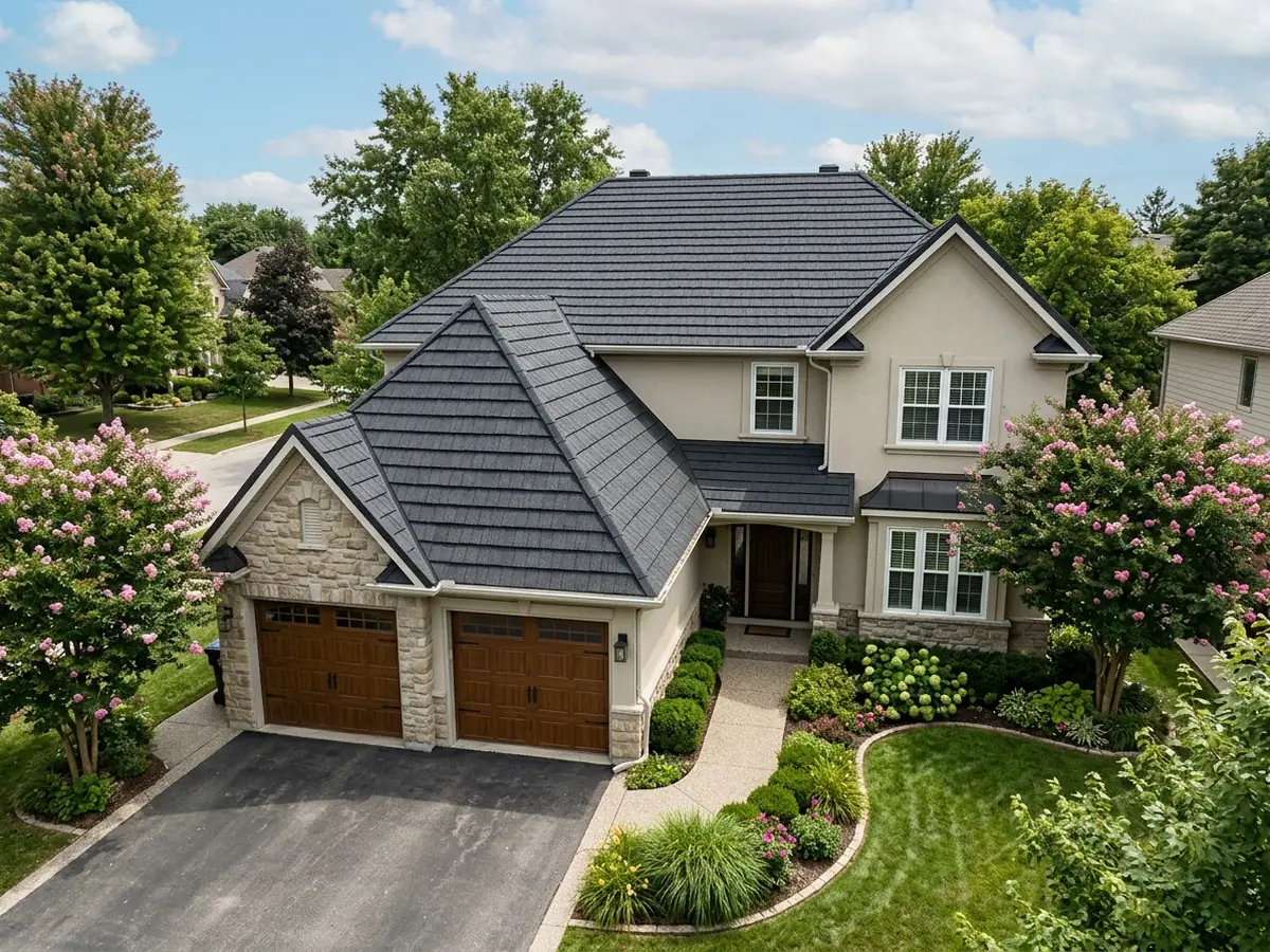 Suburban two-storey house with a charcoal stone coated steel roof shaped like dimensional asphalt shingles