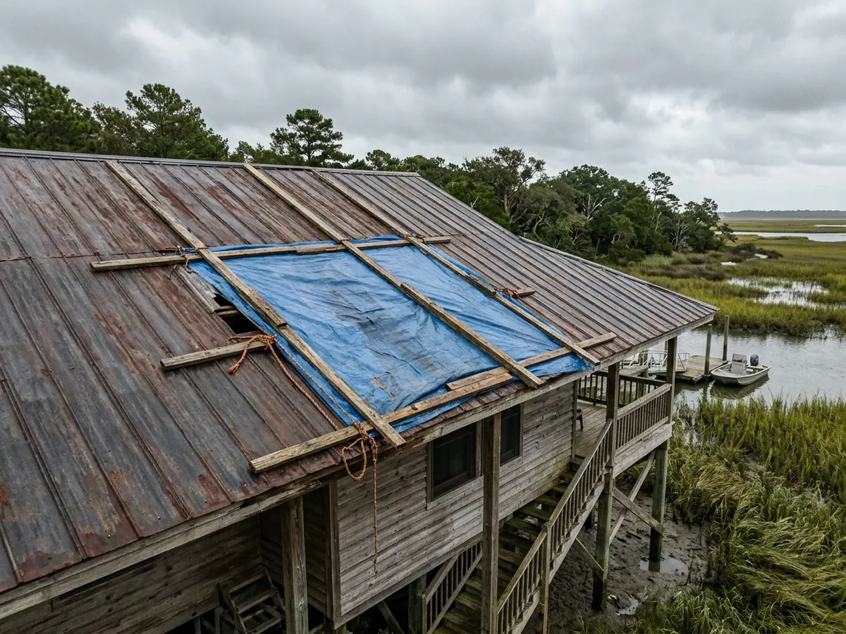 Blue tarp secured with wood battens over a damaged section of a metal roof on a raised house