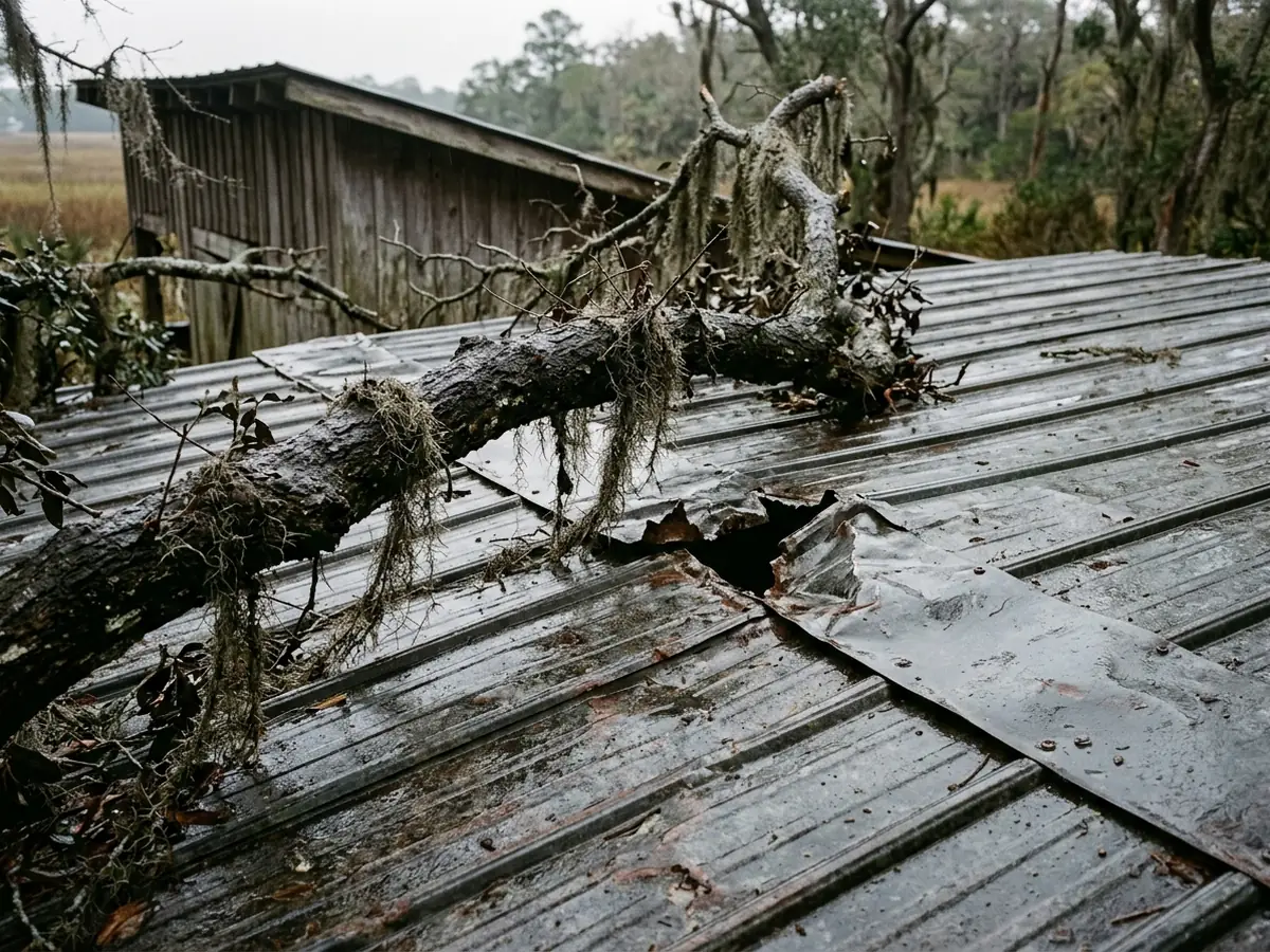 Live oak branch lying across a dented metal roof panel with a small tear near a seam