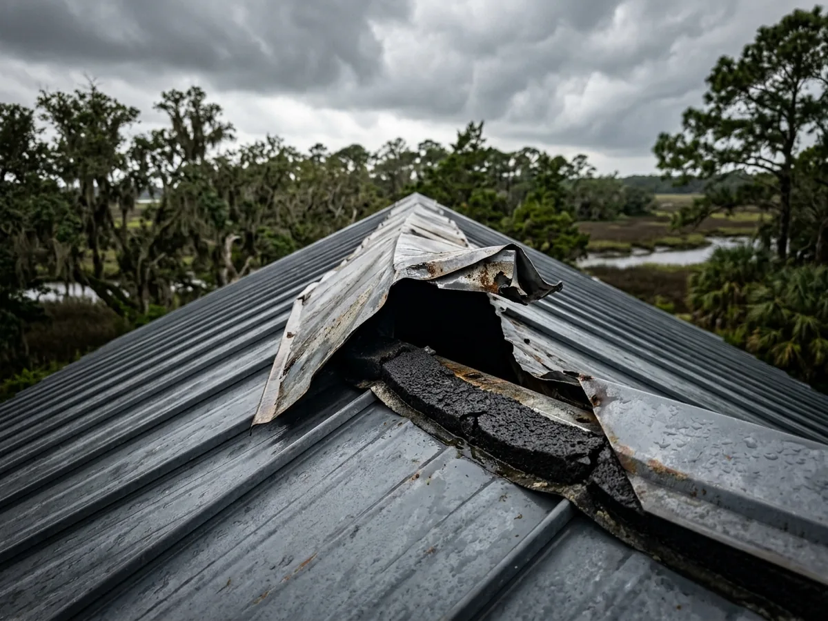 Bent and partly detached ridge cap on a metal roof with a gap showing the closure strip beneath