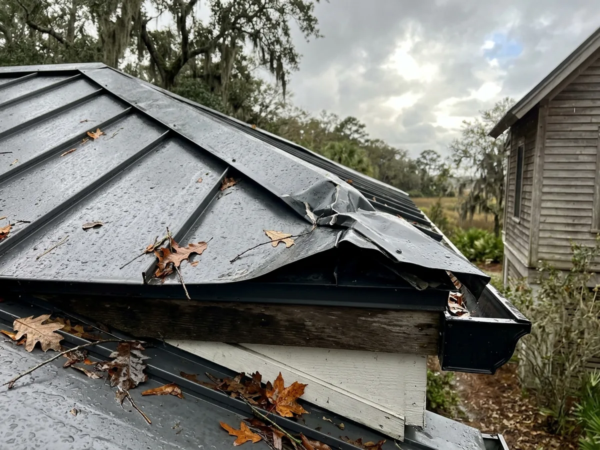 Corner of a standing seam metal roof where one panel has peeled up from the eave after a storm